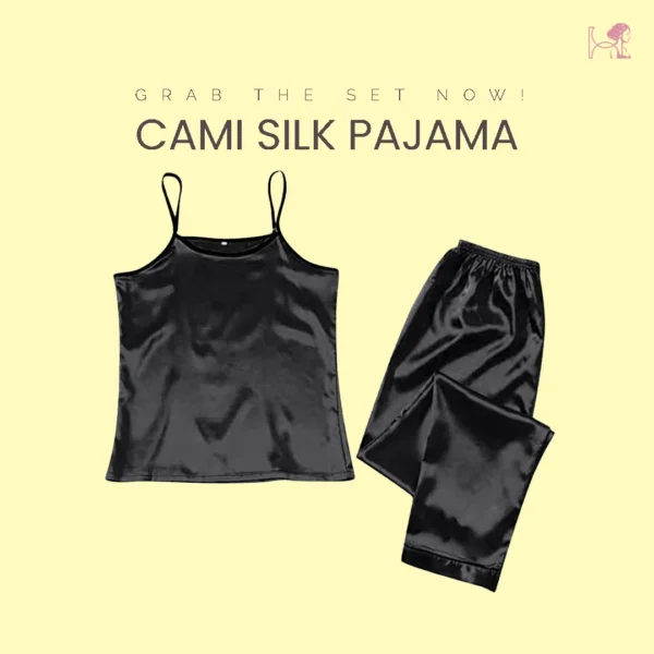 Black Silk Camisole Pajama Set for Women