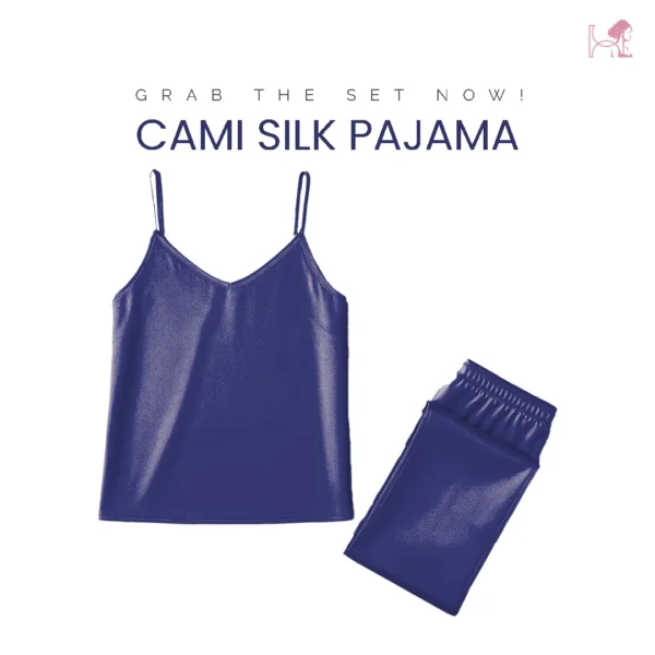 Dark Blue Silk Camisole Pajama Set for Women