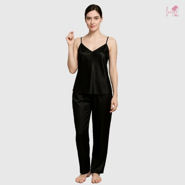 Model in Black Silk Camisole Pajama Set for Women