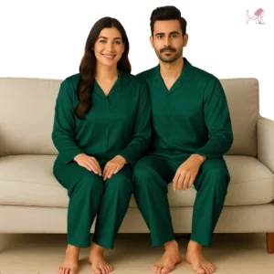 Dark Green Couple Silk Nightwear Pajama Set