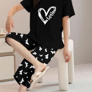 Black Heart and Love Print t shirt and butterfly print trouser