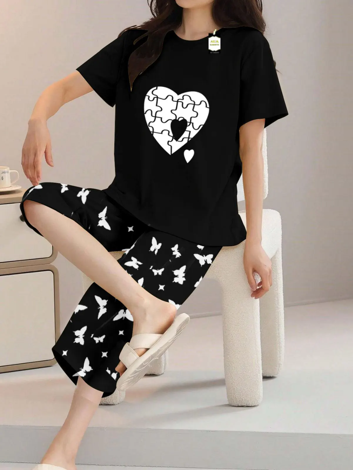 Black Puzzle Heart Print t shirt and butterfly print trouser