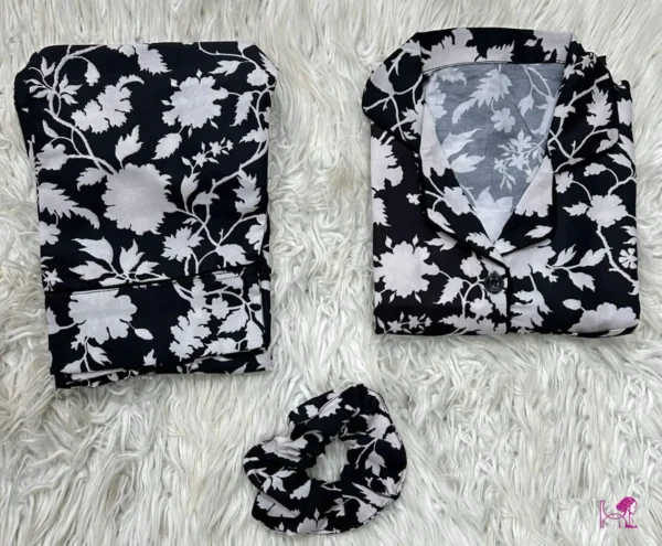 Black White Flower Pattern Night suits Dress
