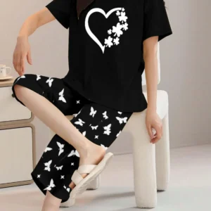 Black t shirt and trouser with Heart and butterfly pattern
