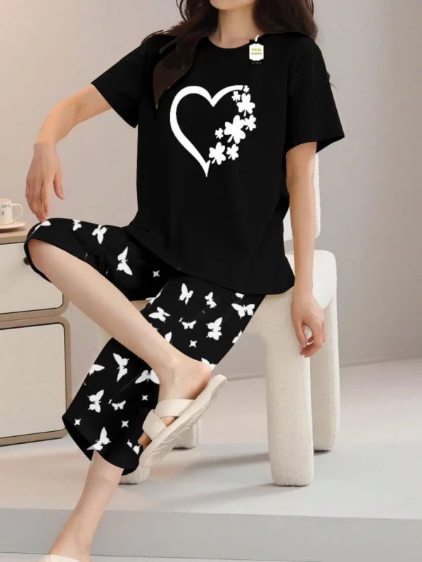 Black t shirt and trouser with Heart and butterfly pattern