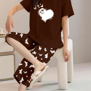 Brown Heart Brush Stroke Print t shirt and butterfly print trouser