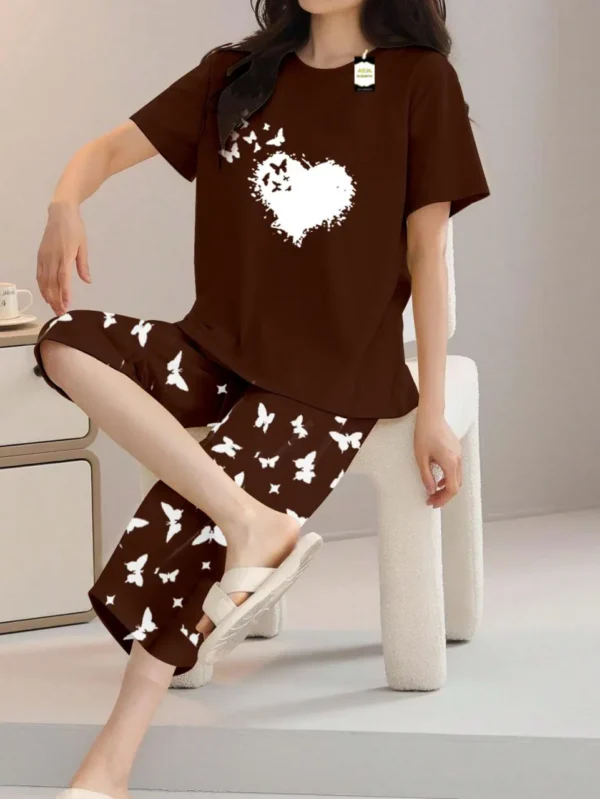 Brown Heart Brush Stroke Print t shirt and butterfly print trouser