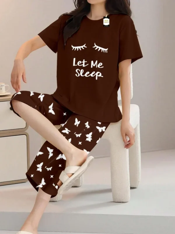 Brown Let me Sleep text Print t shirt and butterfly print trouser