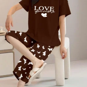 Brown Love You More text Print t shirt and butterfly print trouser