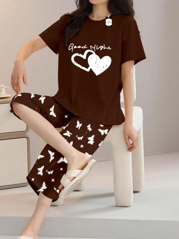 Brown double heart with text Print t shirt and butterfly print trouser