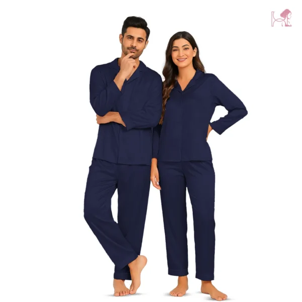 Couple in Dark Blue Silk Couple Nightwear Set