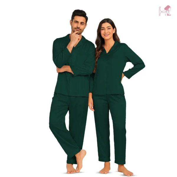 Dark Green Silk Couple Nightwear Set in Pakistan - Image 2