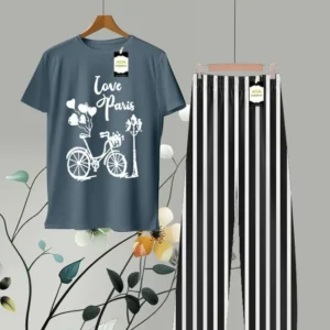 Cycle Printed Shirt and Stripes Trouser in Blue and Black