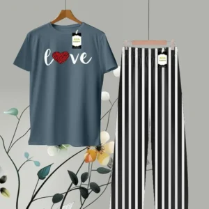 Fancy Love Text Printed Shirt and Stripes Trouser in Blue and Black