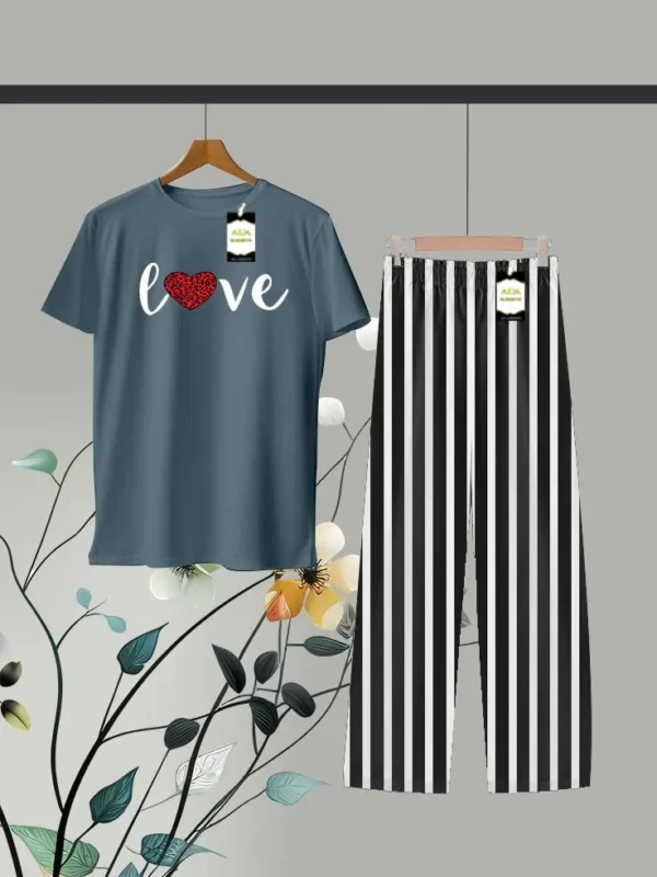 Fancy Love Text Printed Shirt and Stripes Trouser in Blue and Black