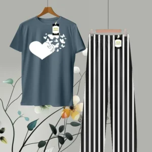 Filled Heart Printed Shirt and Stripes Trouser in Blue and Black