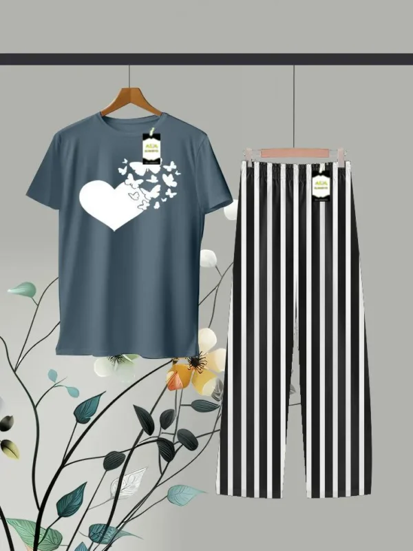 Filled Heart Printed Shirt and Stripes Trouser in Blue and Black