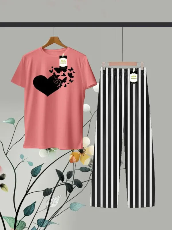 Filled Heart Printed Shirt and Stripes Trouser in Pink and Black