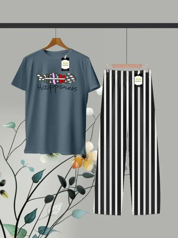 Fish Pattern Printed Shirt and Stripes Trouser in Blue and Black