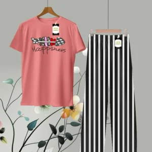 Fish Pattern Printed Shirt and Stripes Trouser in Pink and Black