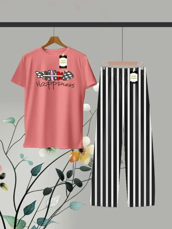 Fish Pattern Printed Shirt and Stripes Trouser in Pink and Black