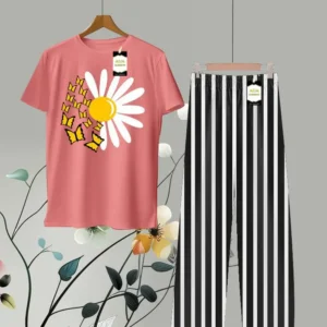 Flower Print Shirt and Stripes Trouser in Pink and Black