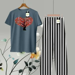 Heart & Tree Printed Shirt and Stripes Trouser in Blue and Black