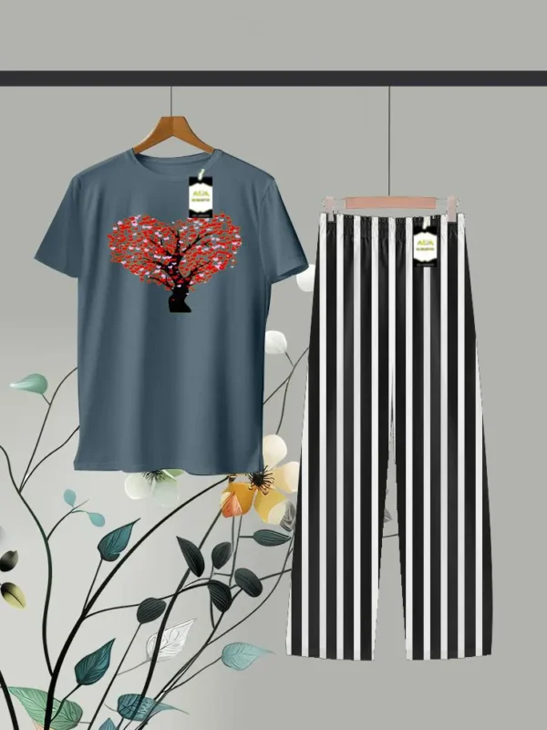 Heart & Tree Printed Shirt and Stripes Trouser in Blue and Black
