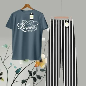 Love Text Printed Shirt and Stripes Trouser in Blue and Black