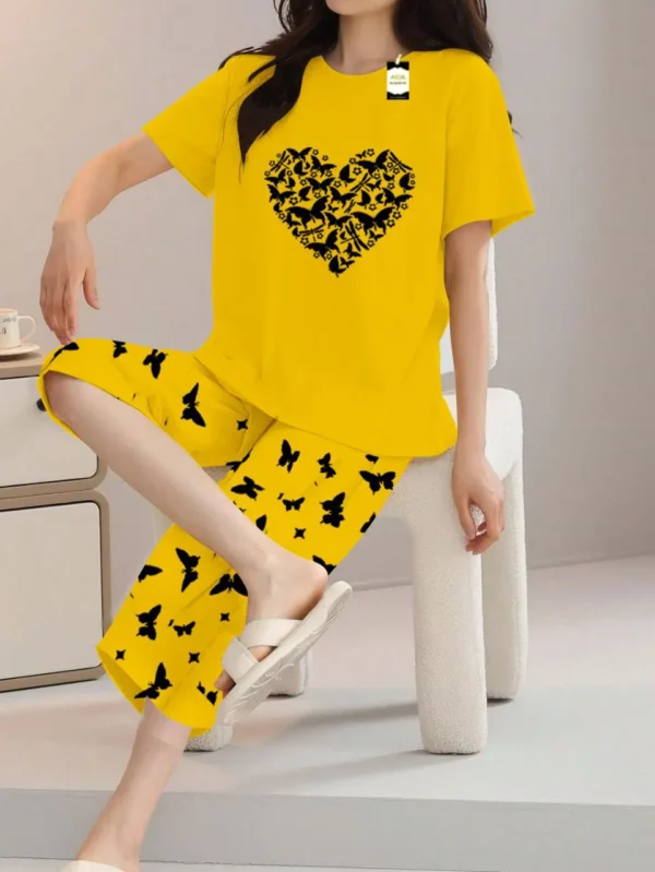 Yellow Butterfly Heart Print t shirt and butterfly print trouser