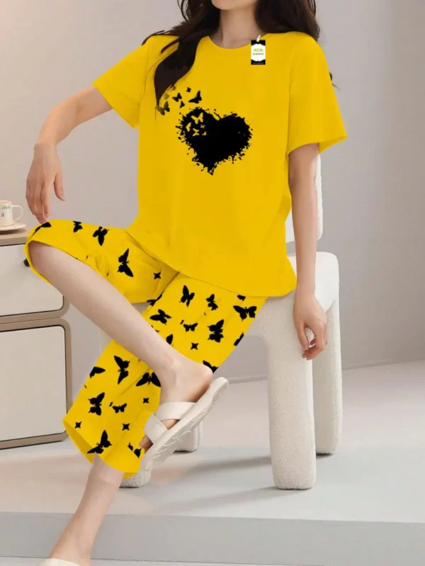Yellow Heart Brush Stroke Print t shirt and butterfly print trouser