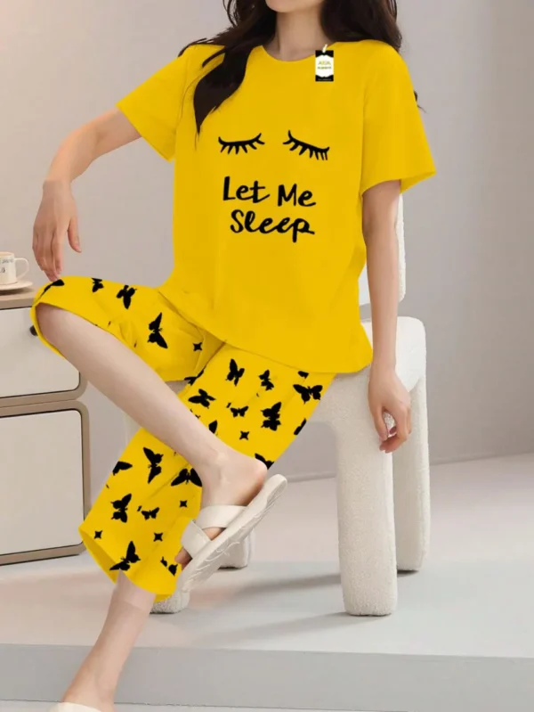 Yellow Let me Sleep text Print t shirt and butterfly print trouser