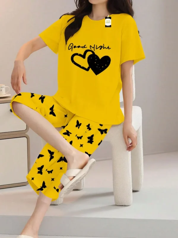 Yellow double heart with text Print t shirt and butterfly print trouser