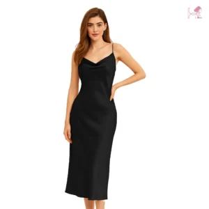 Model in Black silk Long Cami nighty Set