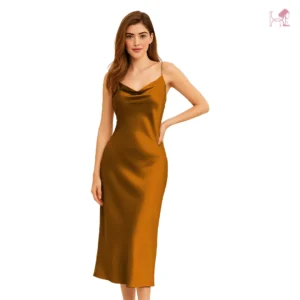 Model in Dark Gold Silk Long Cami Nighty
