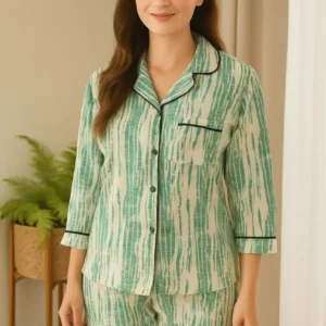 Model in Green Lining Pattern Shirt with Trouser and Scrunchie Night Suits Front Pose