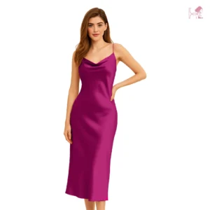 Model in Hot Pink Silk Long Cami Nighty Set
