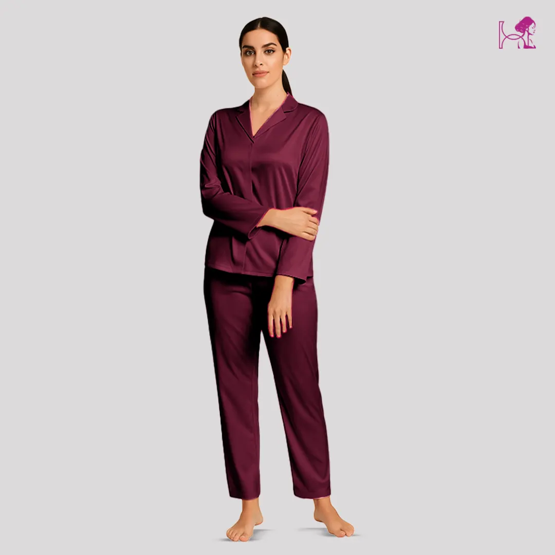 Model in Maroon Silk PJ set for Women