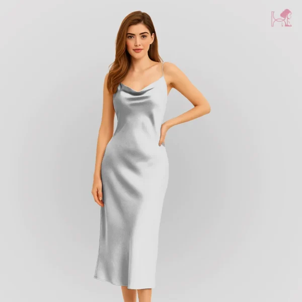 Model in White Long Cami Nighty Set