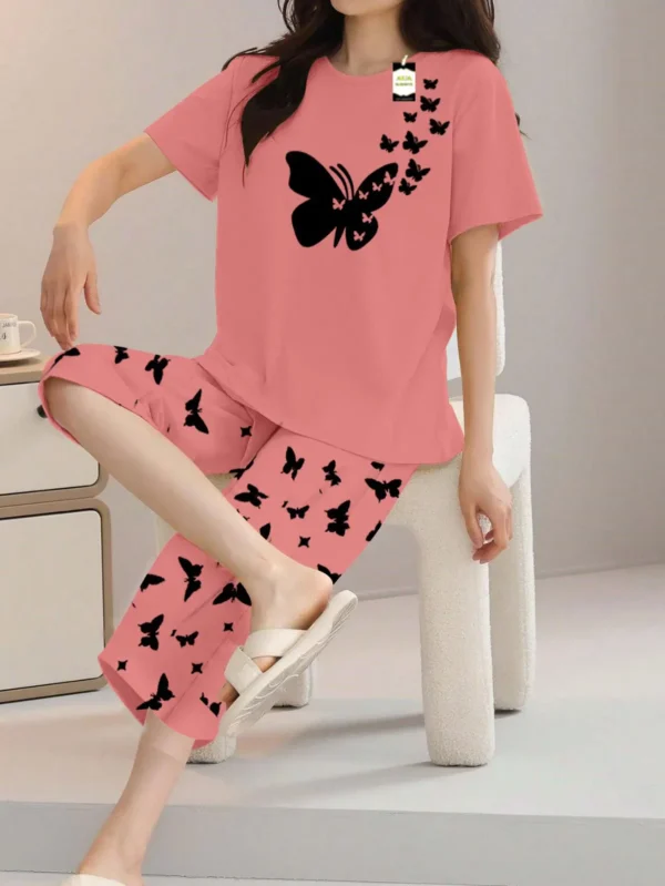 Peach Pink Butterfly Print t shirt and butterfly print trouser