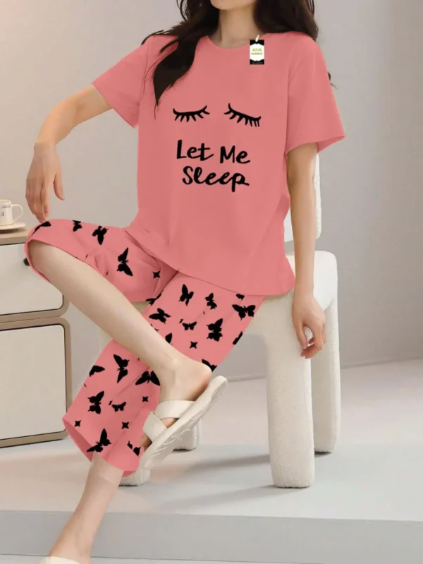 Peach Pink Let me Sleep text Print t shirt and butterfly print trouser