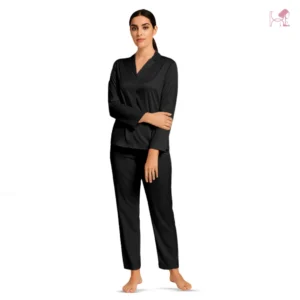 Model in a Black Silk Pajamas Set