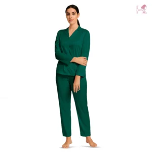 Model in Dark Green Silk Pajama set