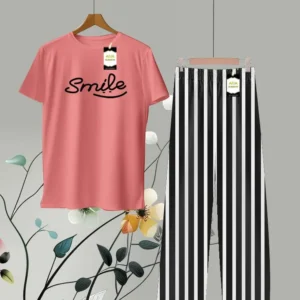 Smile Text Printed Shirt and Stripes Trouser in Pink and Black