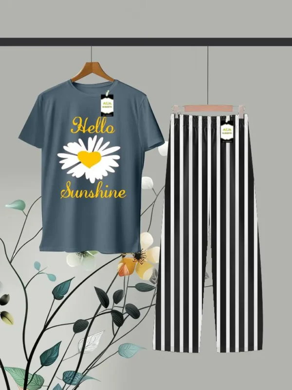 Texted Flower Printed Shirt and Stripes Trouser in Blue and Black