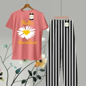 Texted Flower Printed Shirt and Stripes Trouser in Pink and Black