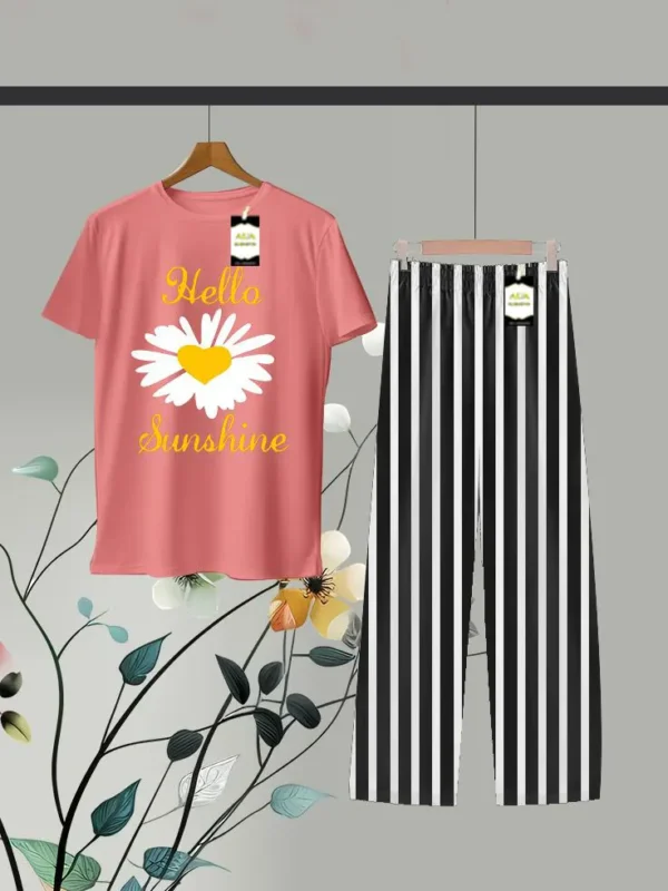Texted Flower Printed Shirt and Stripes Trouser in Pink and Black