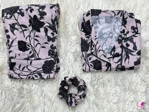 Light Purple BG and Black Flower Pattern Night Suits Dress