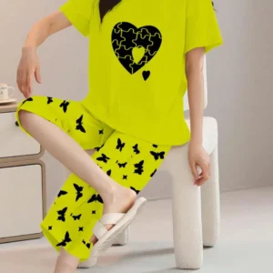 Yellow Puzzle Heart Print t shirt and butterfly print trouser
