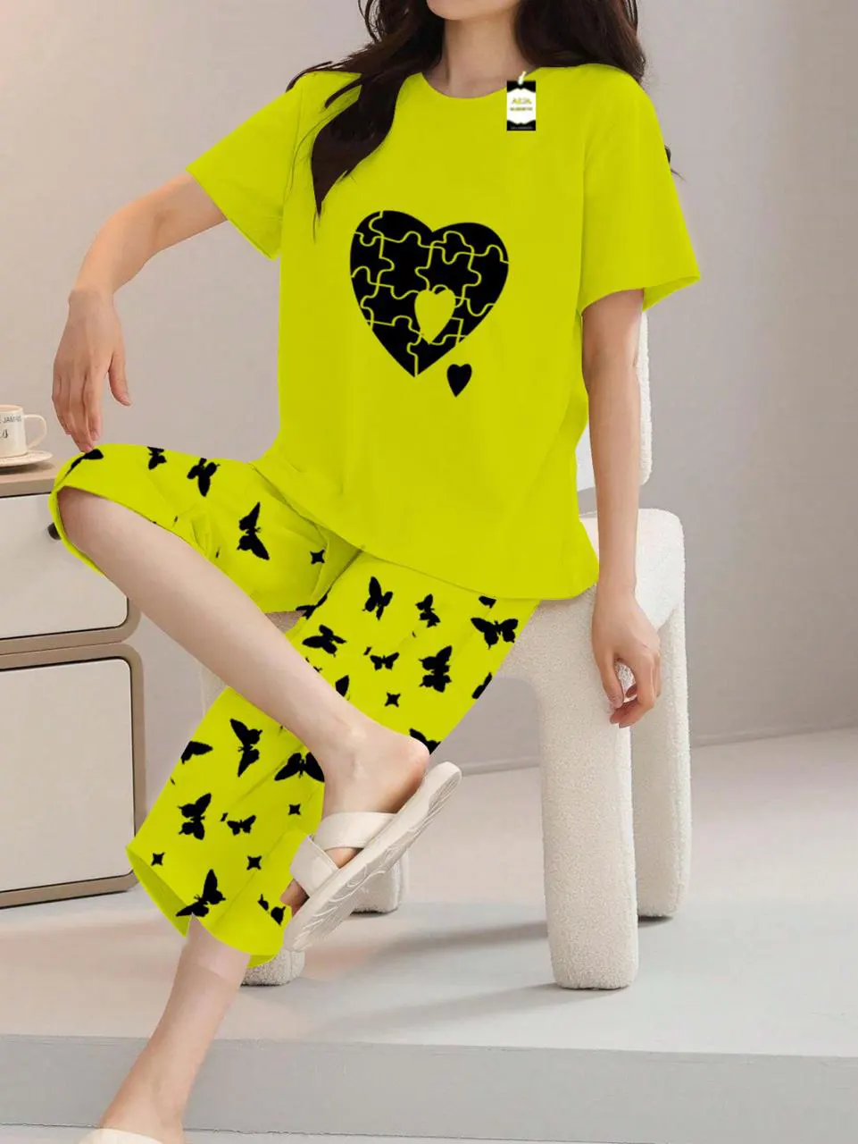 Yellow Puzzle Heart Print t shirt and butterfly print trouser